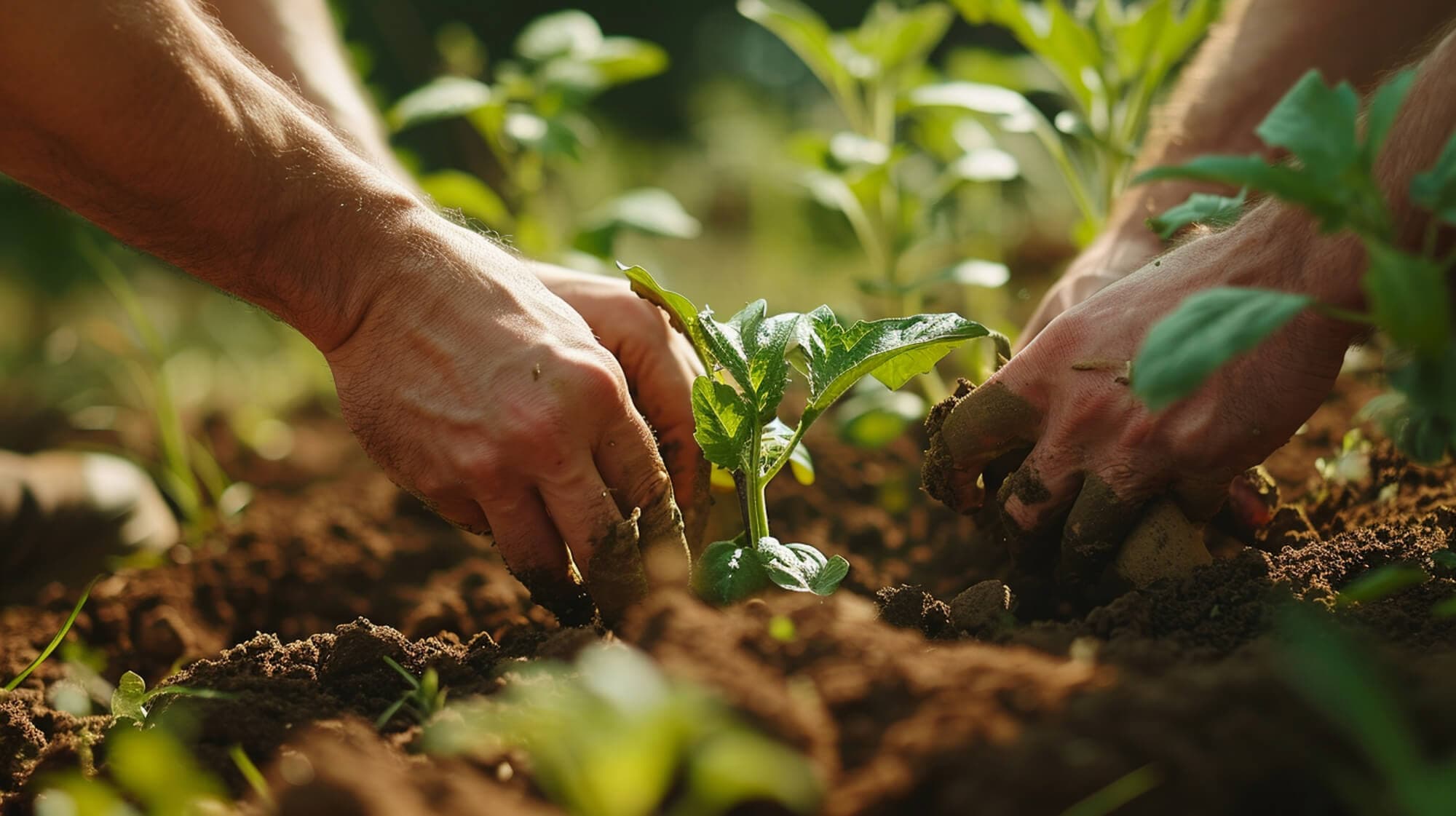 Deux mains mettant en terre un jeune plant dans un sol travaillé